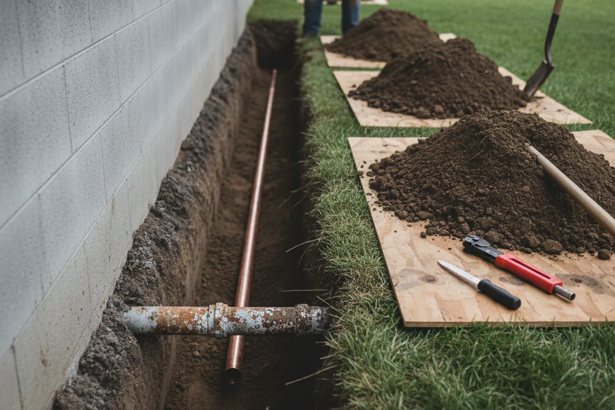 Excavated water line trench during Water Heater Repair in South Pekin